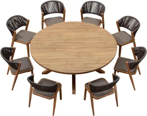 PURPLE LEAF 9 Pieces Round Outdoor Dining Set Large Outdoor Dining Table and Chairs Aluminum Wicker Rattan Patio Furniture Set for Lawn Porch Deck Brown