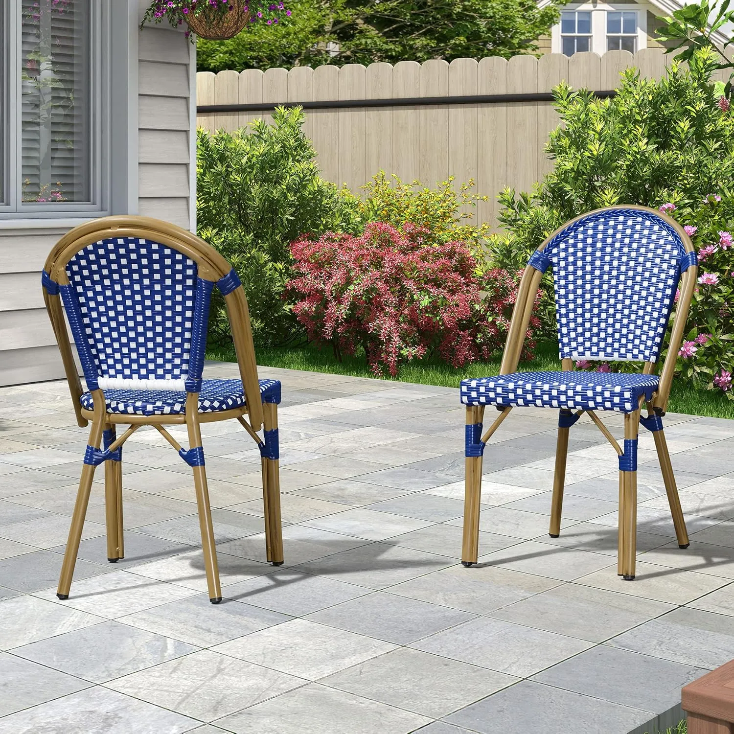PURPLE LEAF Bistro Chair (Set of 2) French Hand-Woven Wicker Chairs for Outdoor Patio Porch Garden Indoor, Bamboo Print Finish, Dark Blue, Dining Chairs