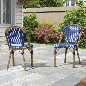 PURPLE LEAF Bistro Chair (Set of 2) French Hand-Woven Wicker Chairs for Outdoor Patio Porch Garden Indoor, Bamboo Print Finish, Dark Blue, Dining Chairs