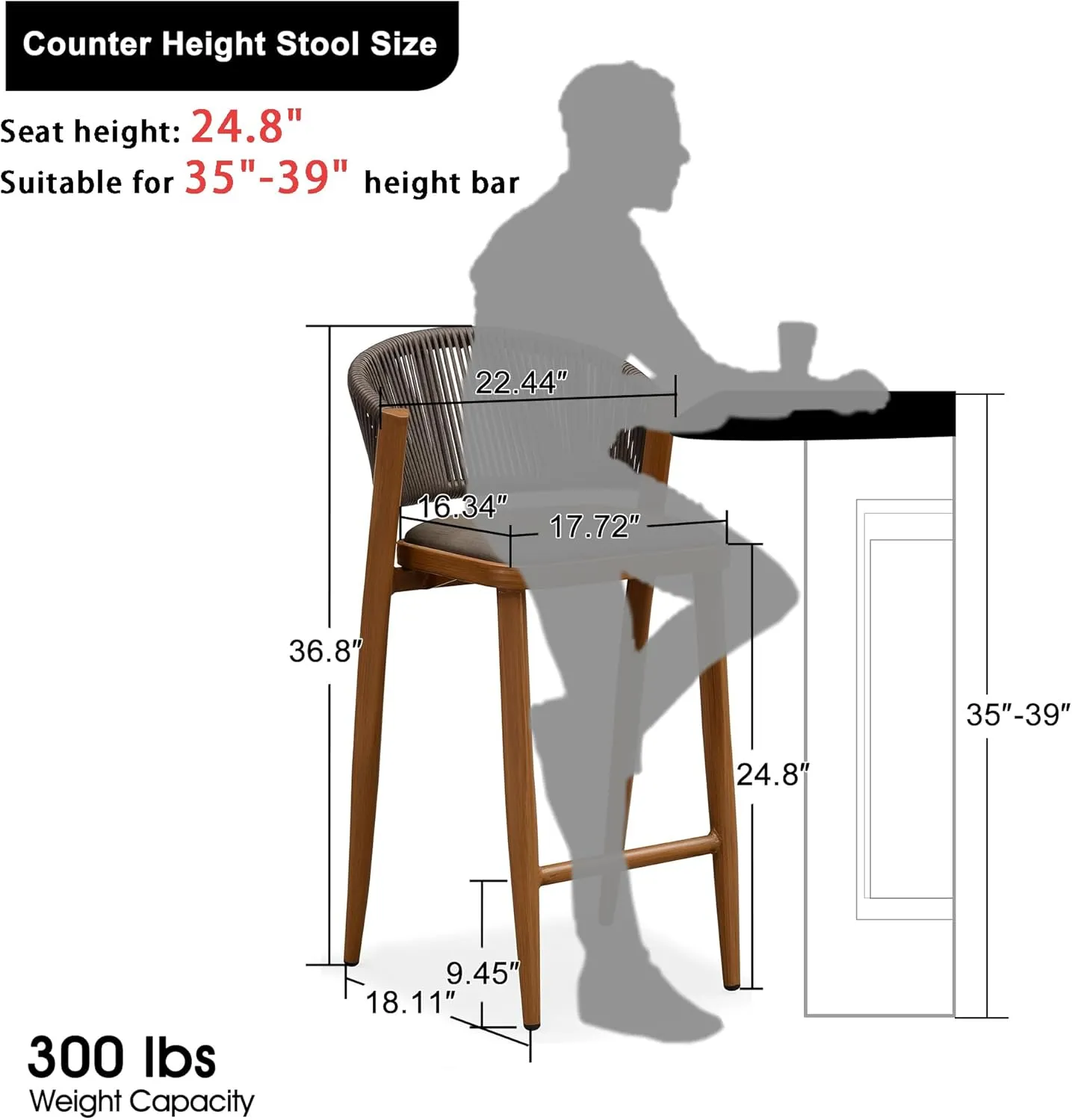 PURPLE LEAF Counter Height Bar Stool Set of 4 Aluminum Counter Height Bar Chair All-Weather Rattan Stool with Backrest and Cushion for Outdoor and Indoor Barstool