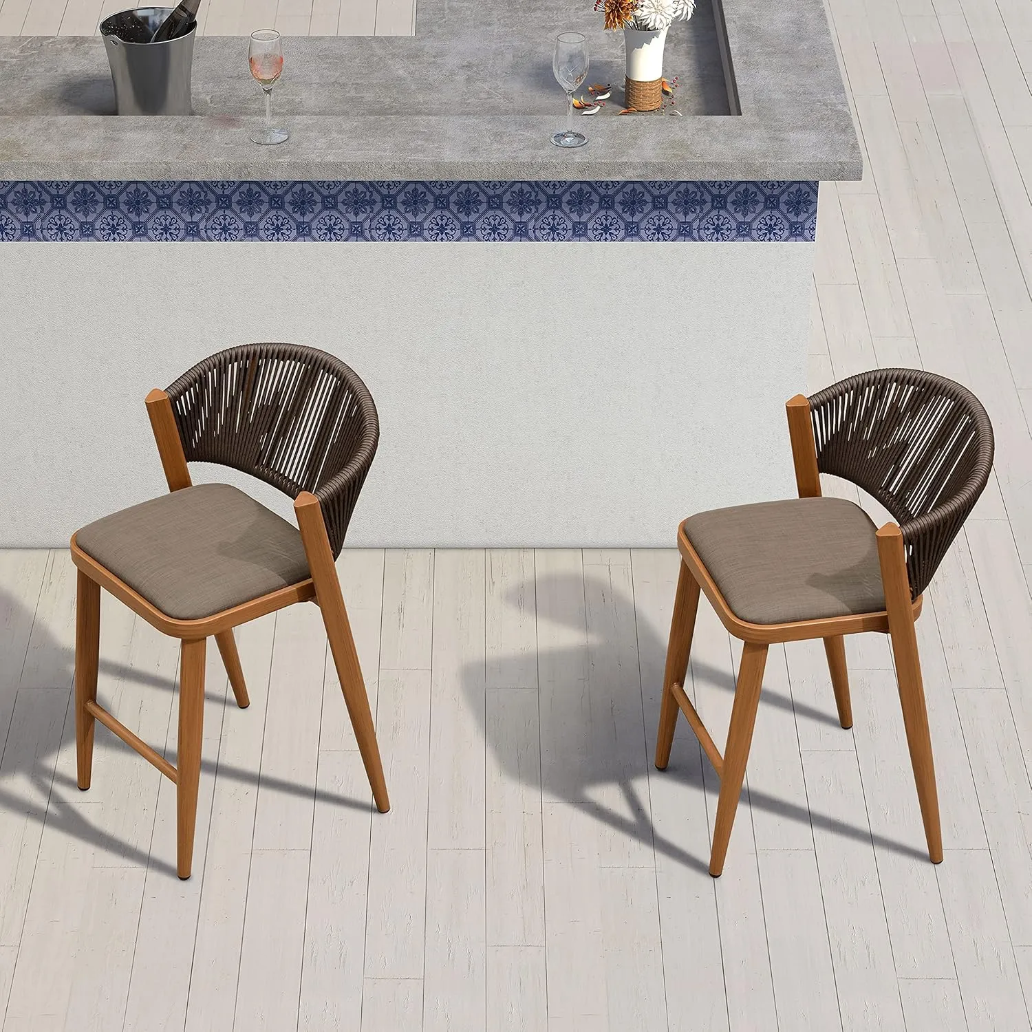 PURPLE LEAF Counter Height Bar Stool Set of 4 Aluminum Counter Height Bar Chair All-Weather Rattan Stool with Backrest and Cushion for Outdoor and Indoor Barstool