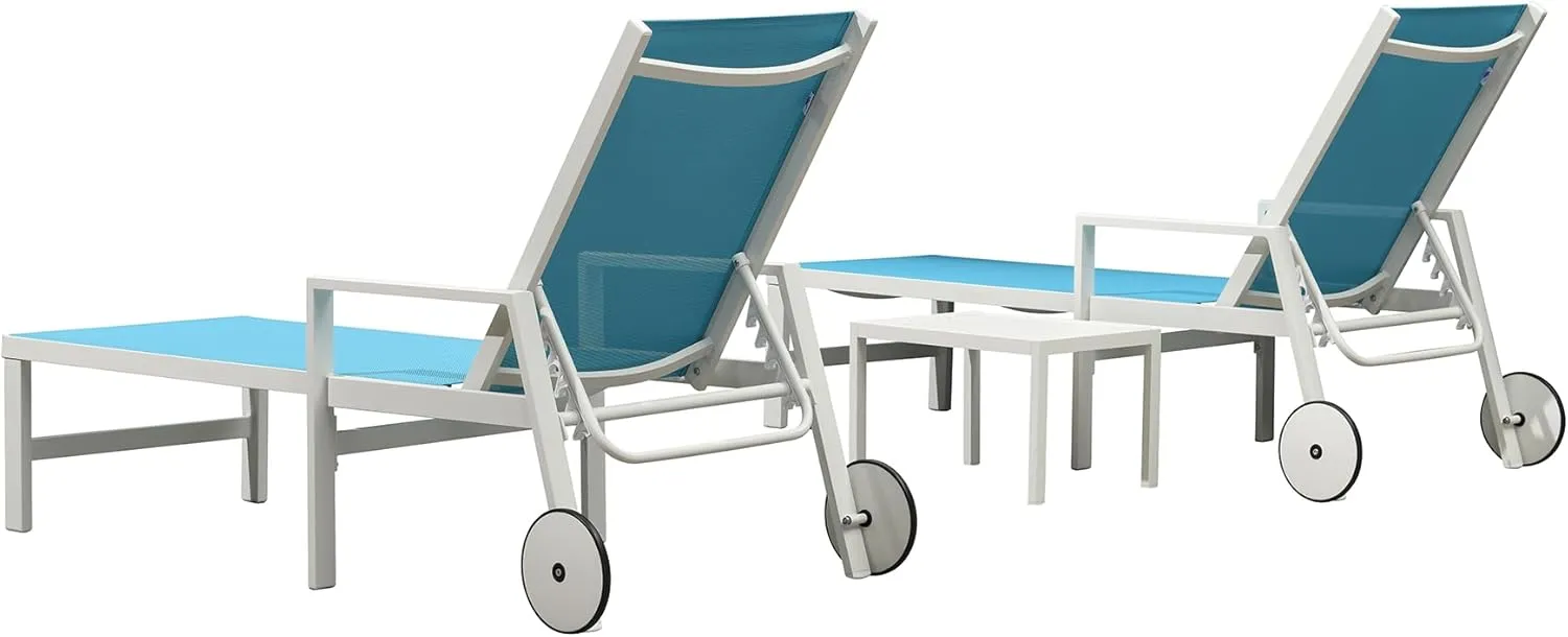 PURPLE LEAF Lounge Chair Outdoor Set 2 Pieces White Aluminum Chaise Lounge with Armrest and Wheels for Pool Deck Patio, Turquoise
