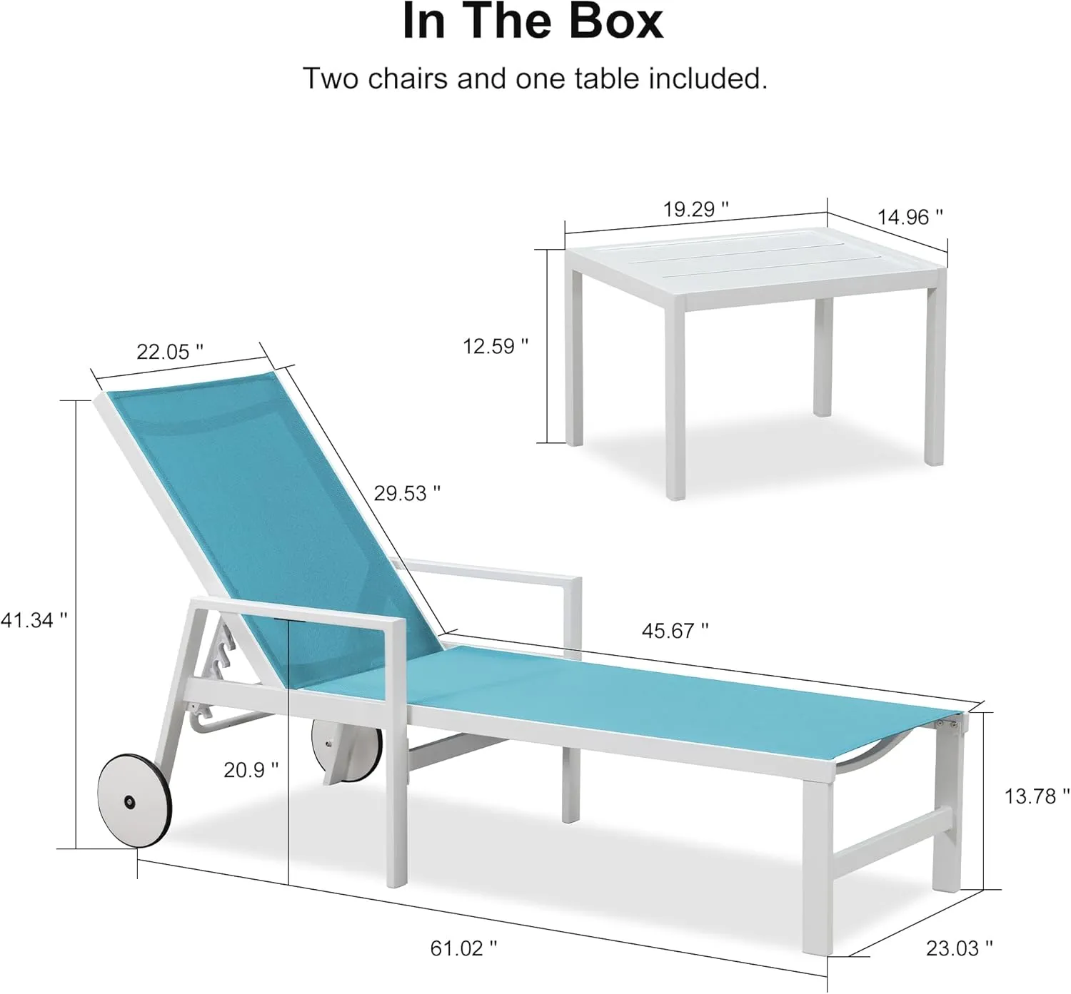 PURPLE LEAF Lounge Chair Outdoor Set 2 Pieces White Aluminum Chaise Lounge with Armrest and Wheels for Pool Deck Patio, Turquoise