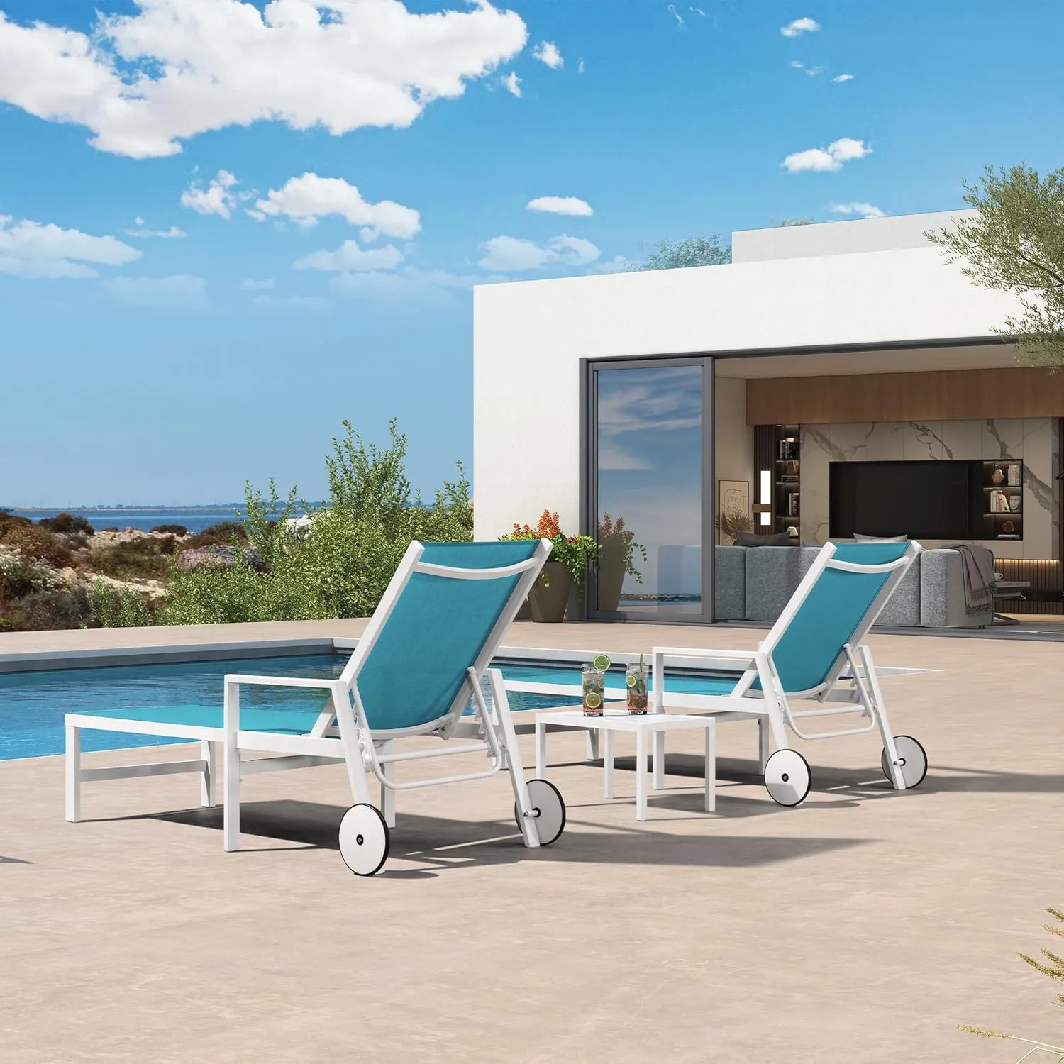 PURPLE LEAF Lounge Chair Outdoor Set 2 Pieces White Aluminum Chaise Lounge with Armrest and Wheels for Pool Deck Patio, Turquoise