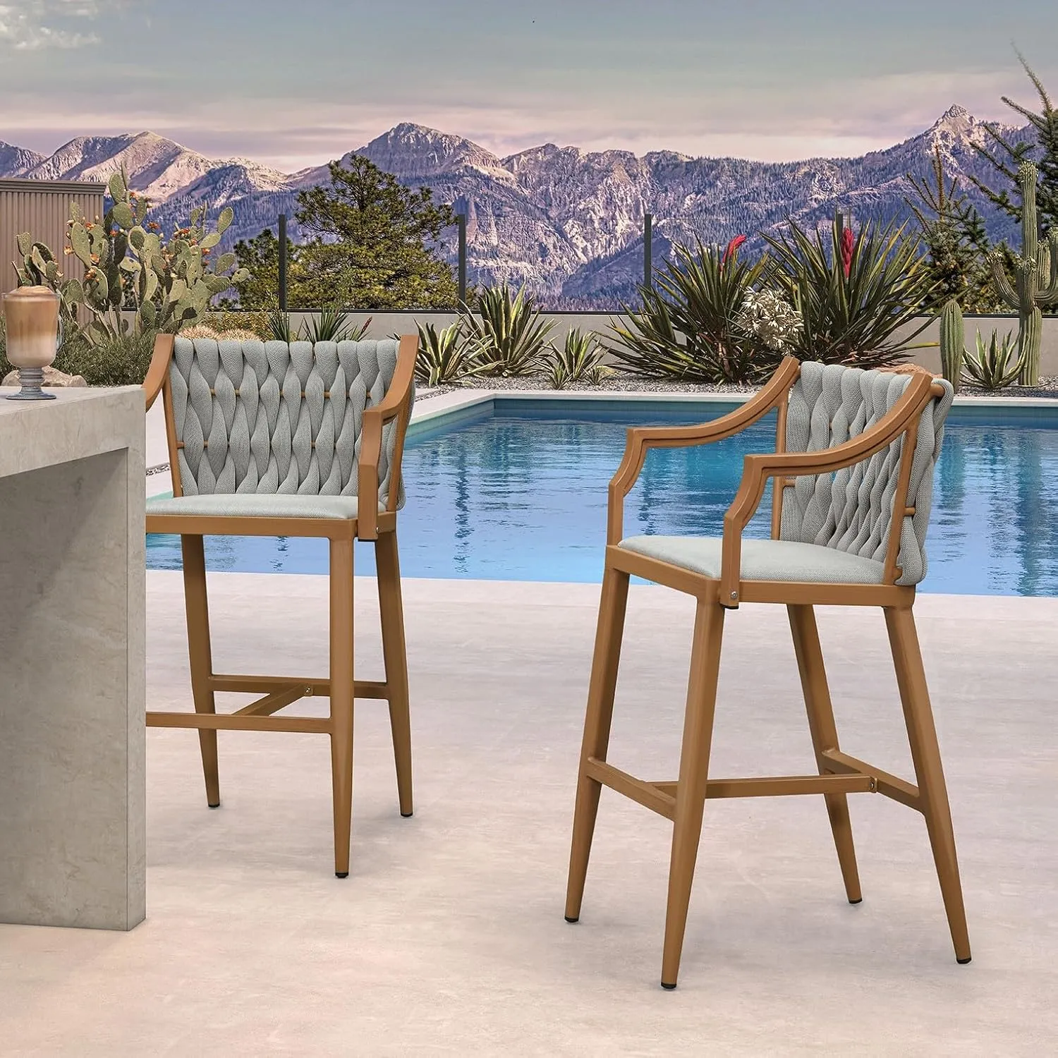 PURPLE LEAF Outdoor Bar Stool Patio Height Chair Aluminum Frame Bar Chair with Cushion and Back for Indoor Kitchen and Garden Use, Teak