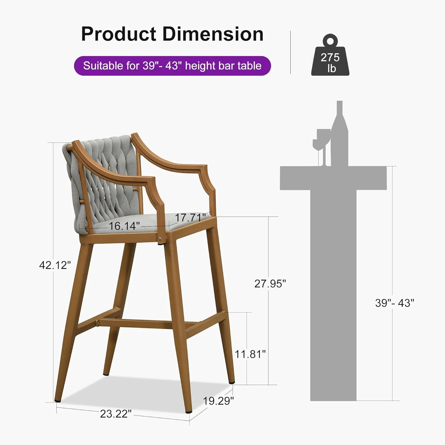 PURPLE LEAF Outdoor Bar Stool Patio Height Chair Aluminum Frame Bar Chair with Cushion and Back for Indoor Kitchen and Garden Use, Teak