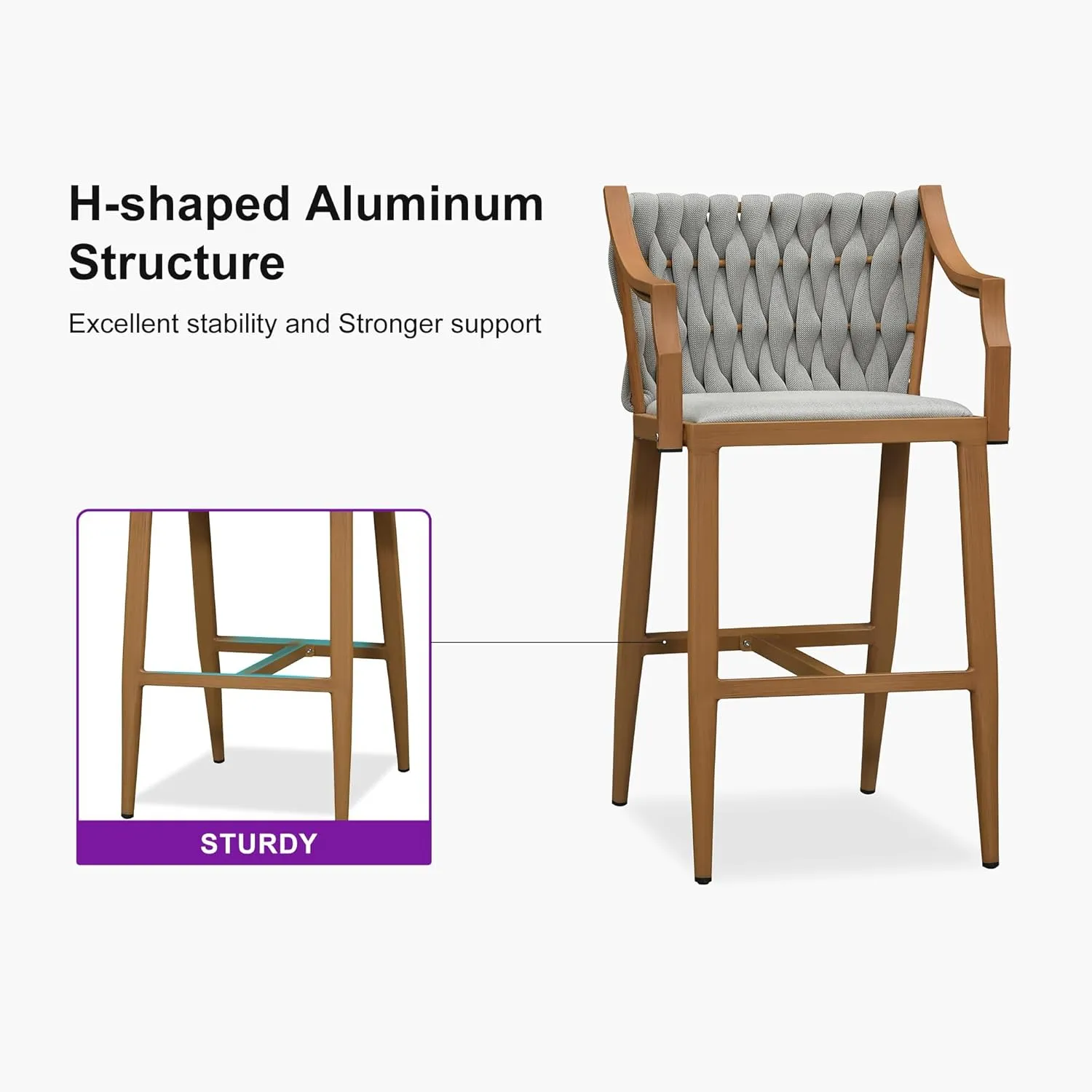 PURPLE LEAF Outdoor Bar Stool Patio Height Chair Aluminum Frame Bar Chair with Cushion and Back for Indoor Kitchen and Garden Use, Teak