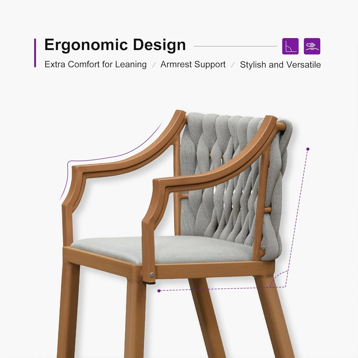 PURPLE LEAF Outdoor Bar Stool Patio Height Chair Aluminum Frame Bar Chair with Cushion and Back for Indoor Kitchen and Garden Use, Teak