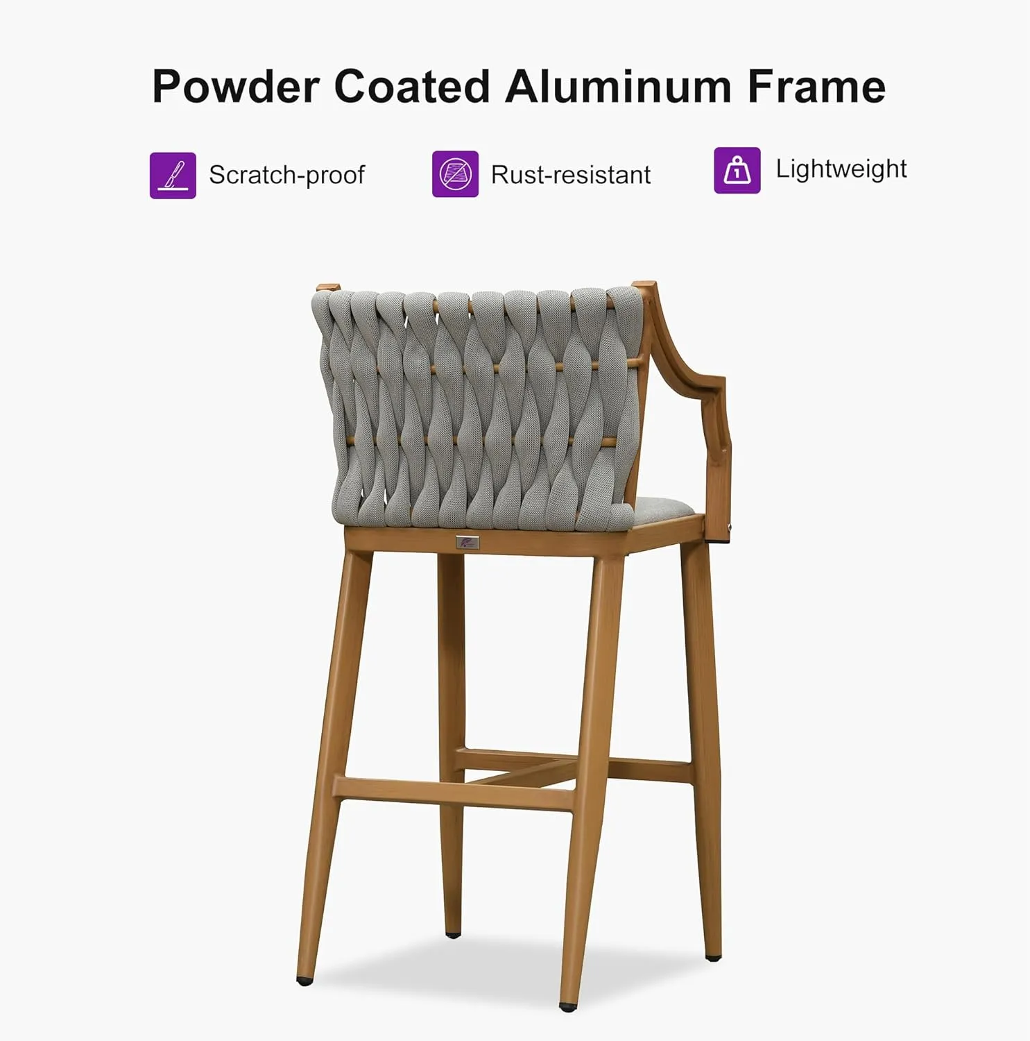 PURPLE LEAF Outdoor Bar Stool Patio Height Chair Aluminum Frame Bar Chair with Cushion and Back for Indoor Kitchen and Garden Use, Teak