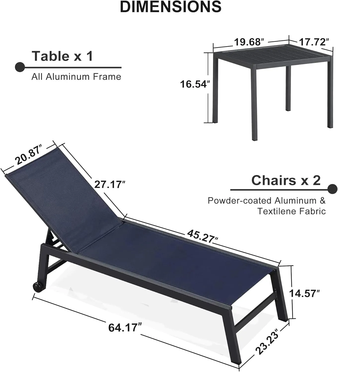PURPLE LEAF Patio Chaise Lounge Set 2 Pieces Textilene Pool Lounge Chairs with Wheels Sunbathing Chair for Outdoor Yard (2 Navy Blue Lounges W/Side Table)