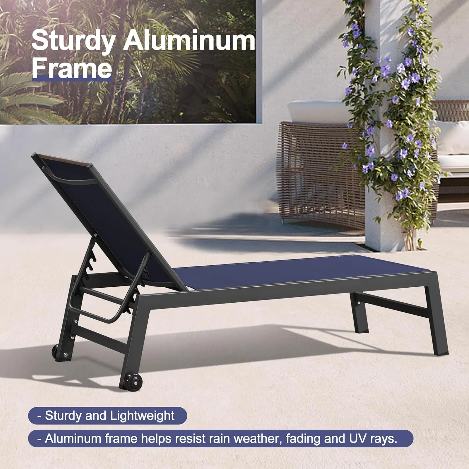 PURPLE LEAF Patio Chaise Lounge Set 2 Pieces Textilene Pool Lounge Chairs with Wheels Sunbathing Chair for Outdoor Yard (2 Navy Blue Lounges W/Side Table)