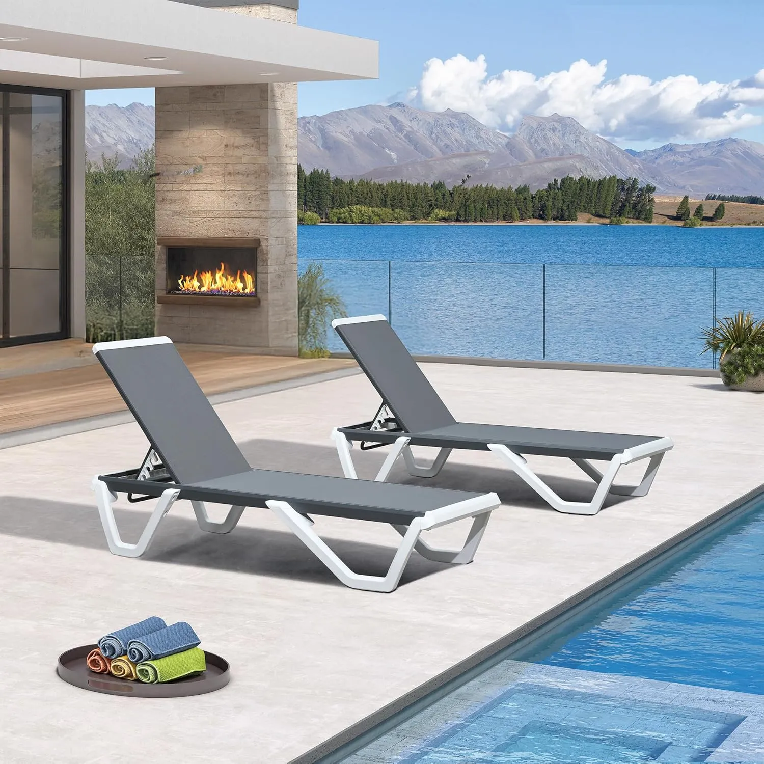 PURPLE LEAF Patio Chaise Lounge Set of 2 Plastic Pool Outdoor Lounge Chair with Aluminum Frame Stackable Patio Tanning Chairs for Poolside Sunbathing Beach Deck Yard, Grey