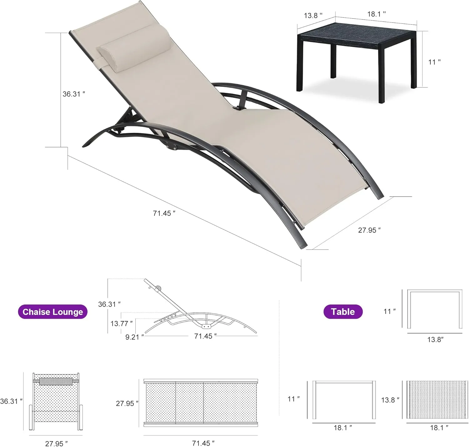 PURPLE LEAF Patio Oversized Chaise Lounge Chair Set with Side Table Pool Adjustable Recliner Chairs for Outside Beach Outdoor Sunbathing Tanning Poolside Lounges