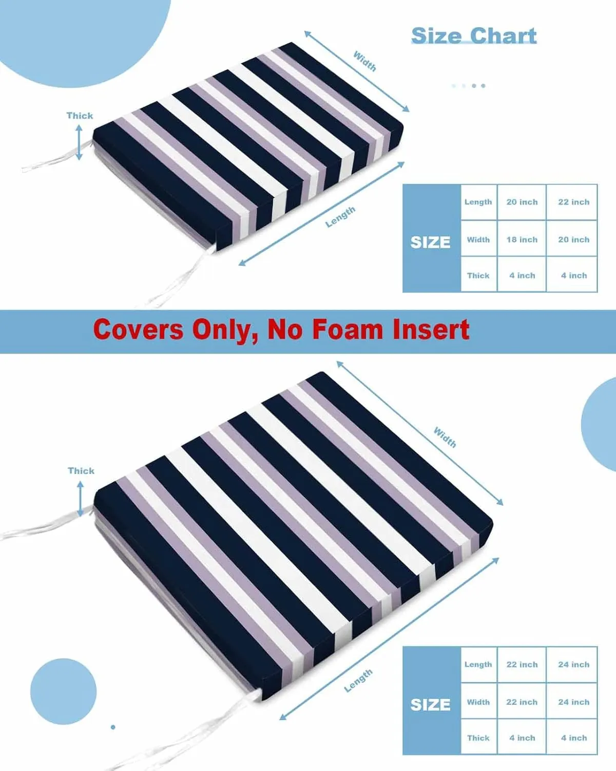 Purple Navy Blue Striped Outdoor Cushion Chair Cover Set of 2 - Waterproof Couch Seat Covers, Abstract Gradient Lines Art Patio Furniture Protector Cushions Slipcovers for Sofa/RV, 22"x20"x4"