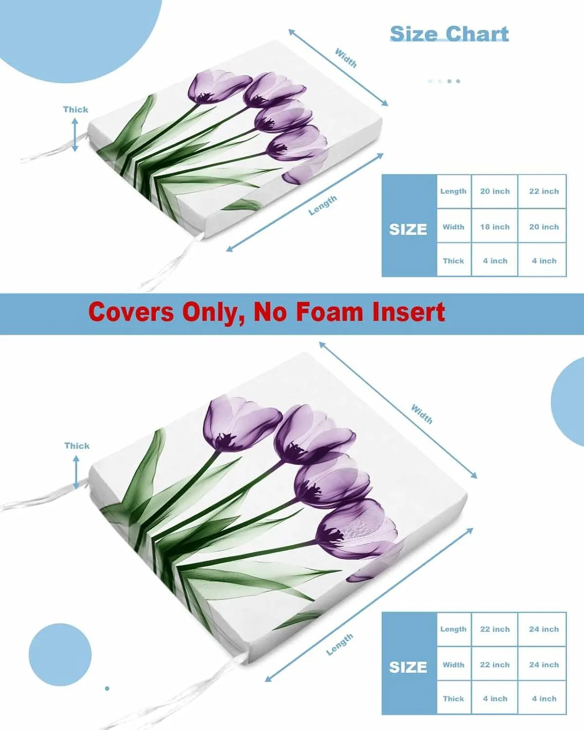Purple Tulip Floral Outdoor Cushion Chair Cover Set of 2 - Waterproof Couch Seat Covers, Farmhouse Elegant Botanical Flowers Patio Furniture Protector Cushions Slipcovers for Sofa/RV, 24"x24"x4"