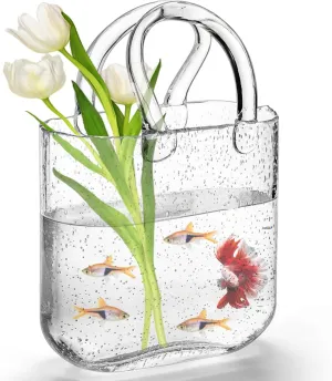Purse Vase for Flowers, Unique Clear Glass Bag Vase with Handle, Handbag Shape Flower Vase Fish Bowl, Wide Mouth Bubble Vase for Wedding Birthday Centerpieces, Home Garden Decor(Transparent)