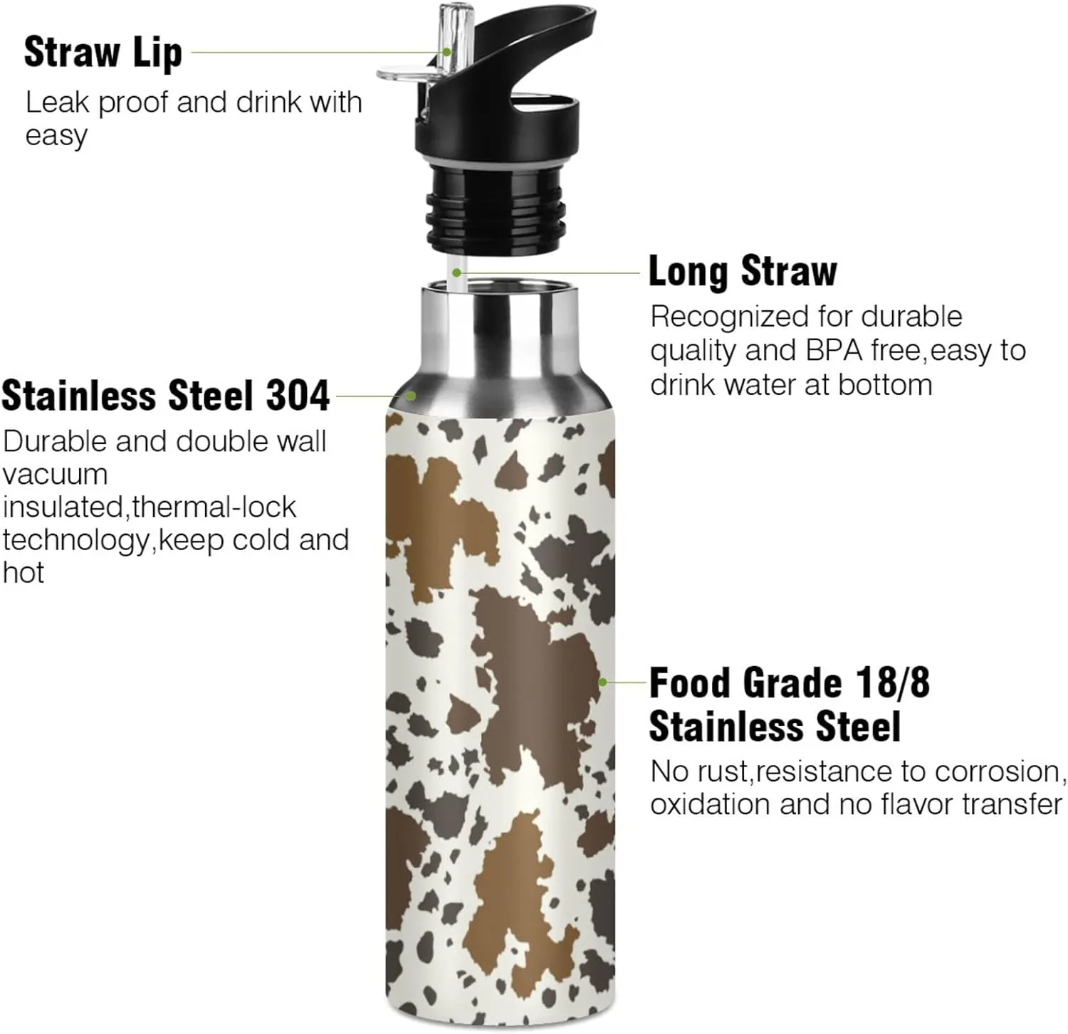 Qilmy Cow Sport Water Bottle with Straw Lid Double Wall Vacuum Insulated Flask Stainless Steel Water Bottle 20 oz