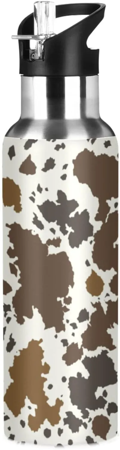 Qilmy Cow Sport Water Bottle with Straw Lid Double Wall Vacuum Insulated Flask Stainless Steel Water Bottle 20 oz