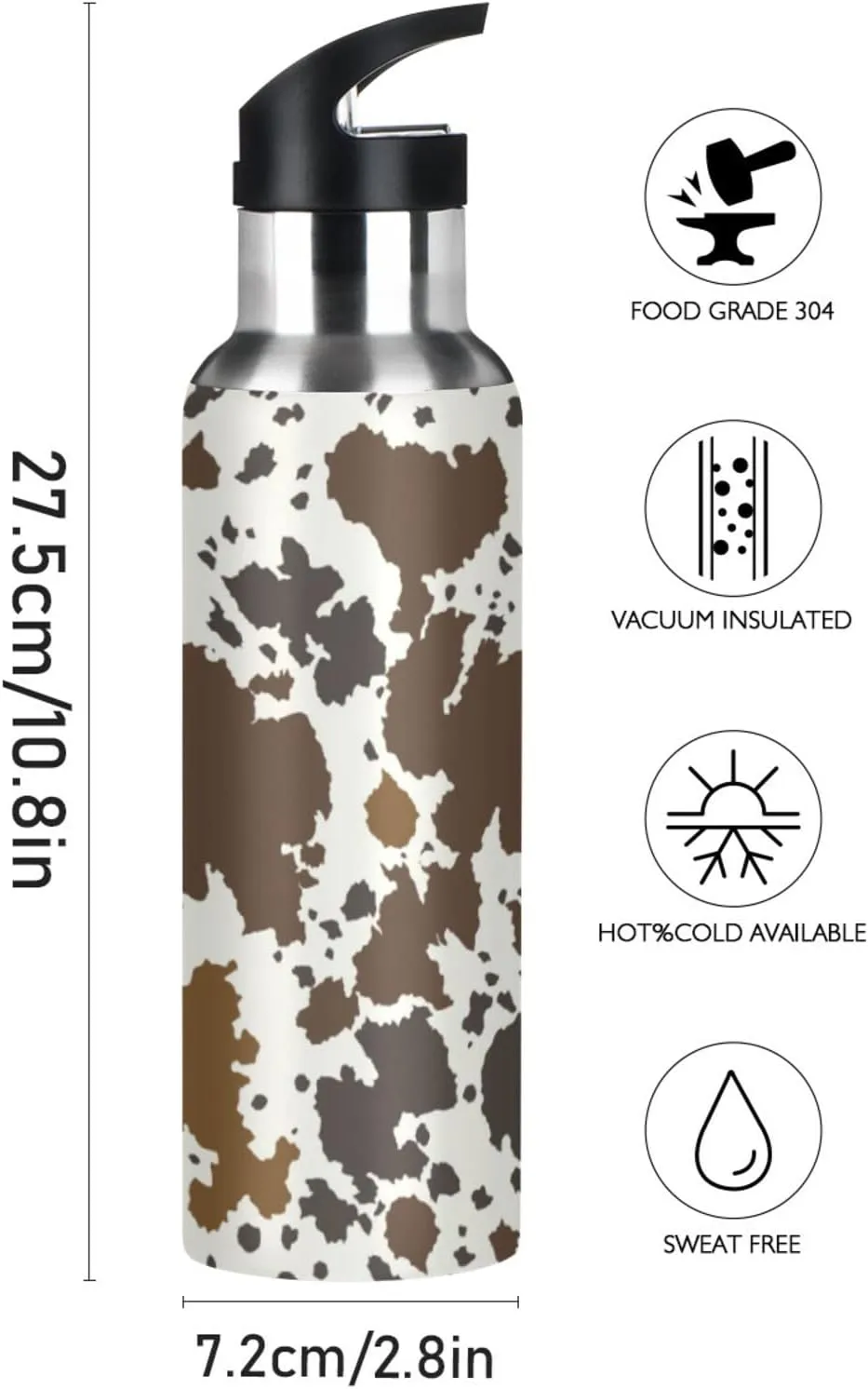 Qilmy Cow Sport Water Bottle with Straw Lid Double Wall Vacuum Insulated Flask Stainless Steel Water Bottle 20 oz