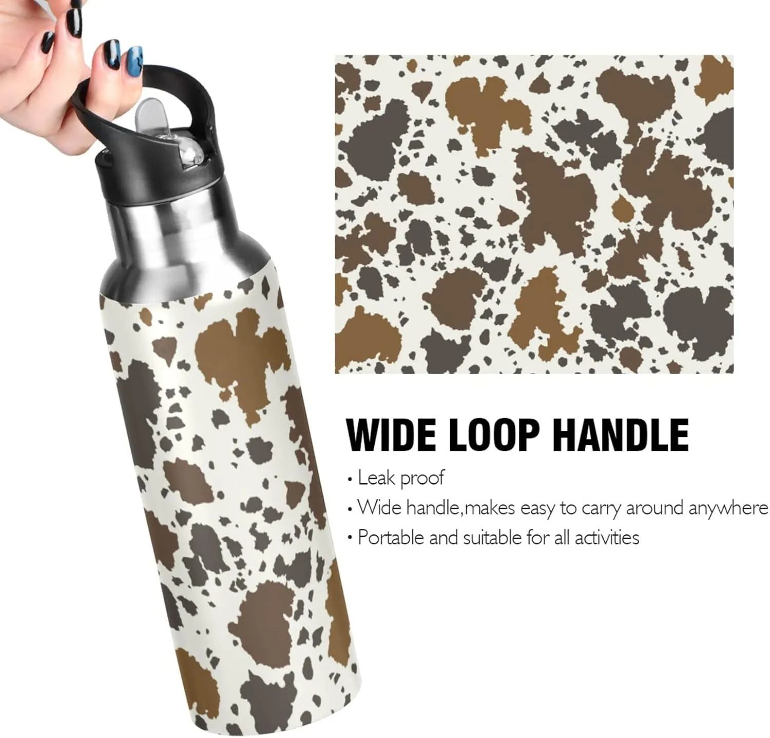 Qilmy Cow Sport Water Bottle with Straw Lid Double Wall Vacuum Insulated Flask Stainless Steel Water Bottle 20 oz