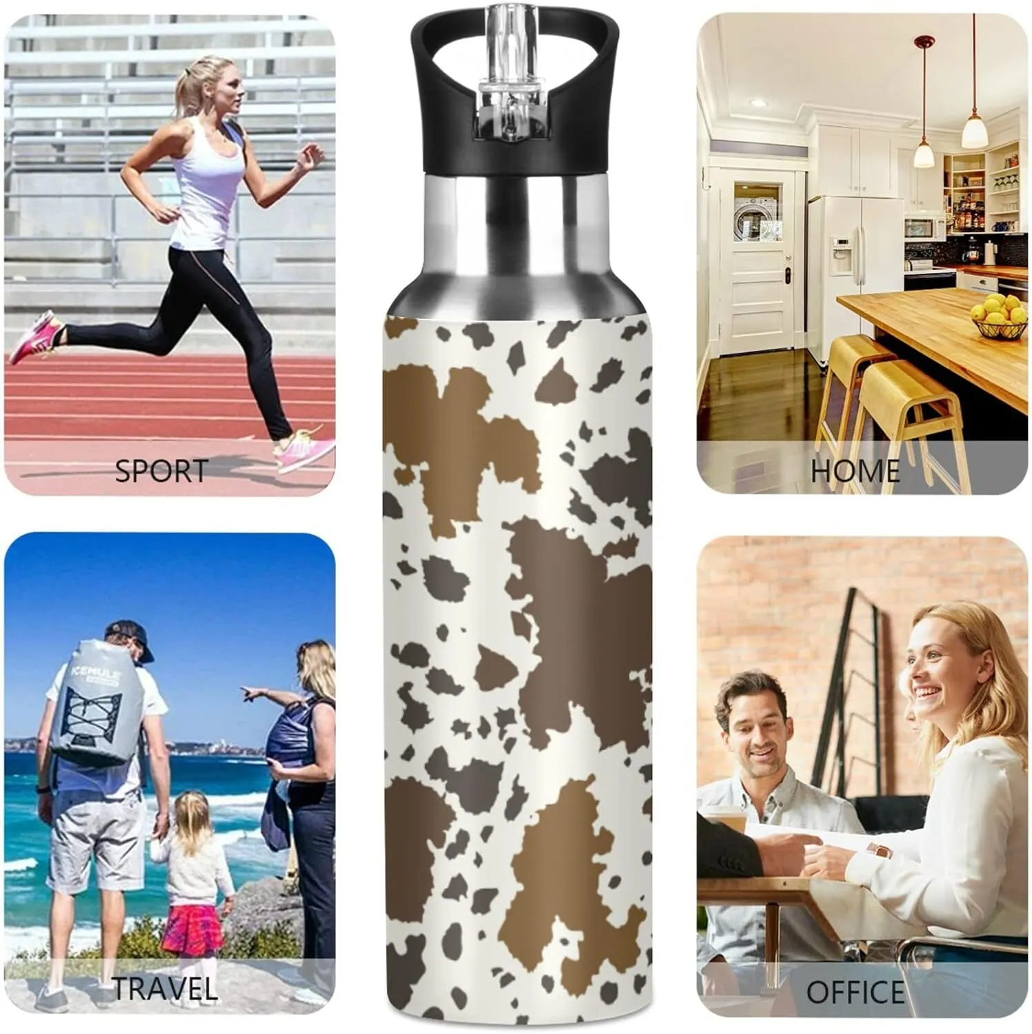 Qilmy Cow Sport Water Bottle with Straw Lid Double Wall Vacuum Insulated Flask Stainless Steel Water Bottle 20 oz
