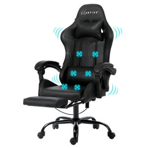Racer Office Chair with 6-Point Massage & Footrest - Black