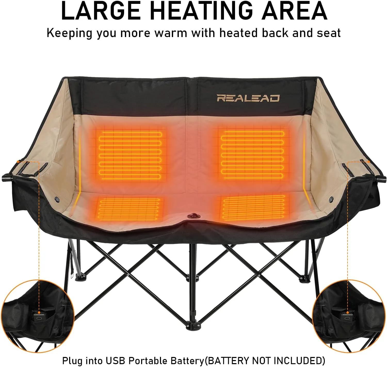 REALEAD Heated Double Camping Chair - Heated Folding Chairs for Outdoor Sports with 3 Heat Levels and 4 Heating Zones - Portable Heated Loveseat Camping Chair Supports 650 lbs Battery NOT Included