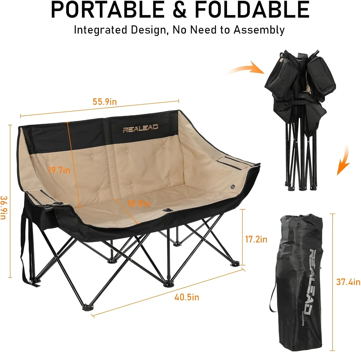 REALEAD Heated Double Camping Chair - Heated Folding Chairs for Outdoor Sports with 3 Heat Levels and 4 Heating Zones - Portable Heated Loveseat Camping Chair Supports 650 lbs Battery NOT Included
