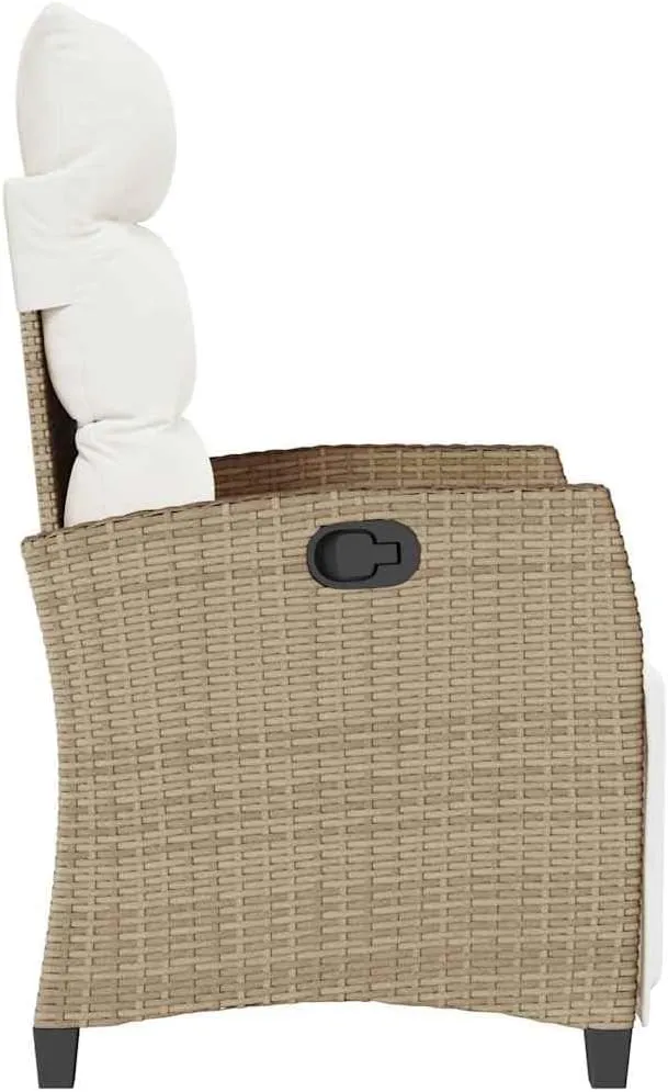 Reclining Patio Chair with Foldable Side Table Beige Poly Rattan Outdoor Lounge Furniture Adjustable Backrest & Footrest Cream Cushions for Poolside Backyard