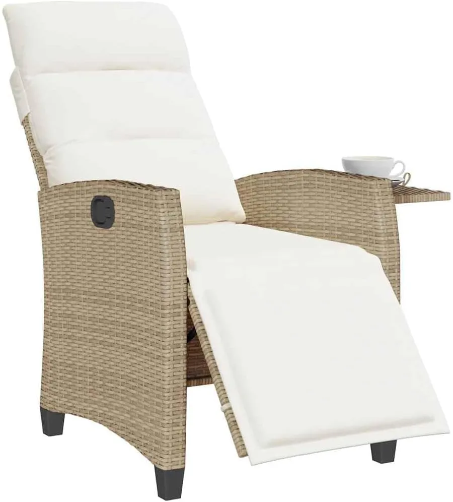 Reclining Patio Chair with Foldable Side Table Beige Poly Rattan Outdoor Lounge Furniture Adjustable Backrest & Footrest Cream Cushions for Poolside Backyard
