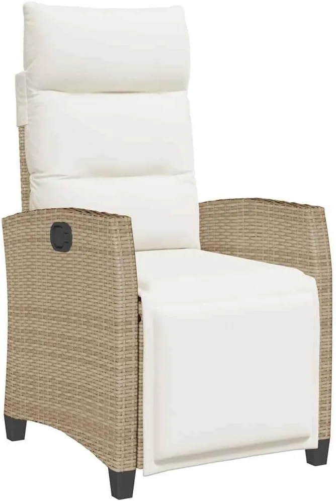 Reclining Patio Chair with Foldable Side Table Beige Poly Rattan Outdoor Lounge Furniture Adjustable Backrest & Footrest Cream Cushions for Poolside Backyard
