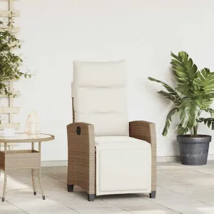 Reclining Patio Chair with Foldable Side Table Beige Poly Rattan Outdoor Lounge Furniture Adjustable Backrest & Footrest Cream Cushions for Poolside Backyard