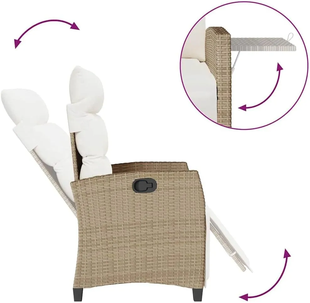 Reclining Patio Chair with Foldable Side Table Beige Poly Rattan Outdoor Lounge Furniture Adjustable Backrest & Footrest Cream Cushions for Poolside Backyard