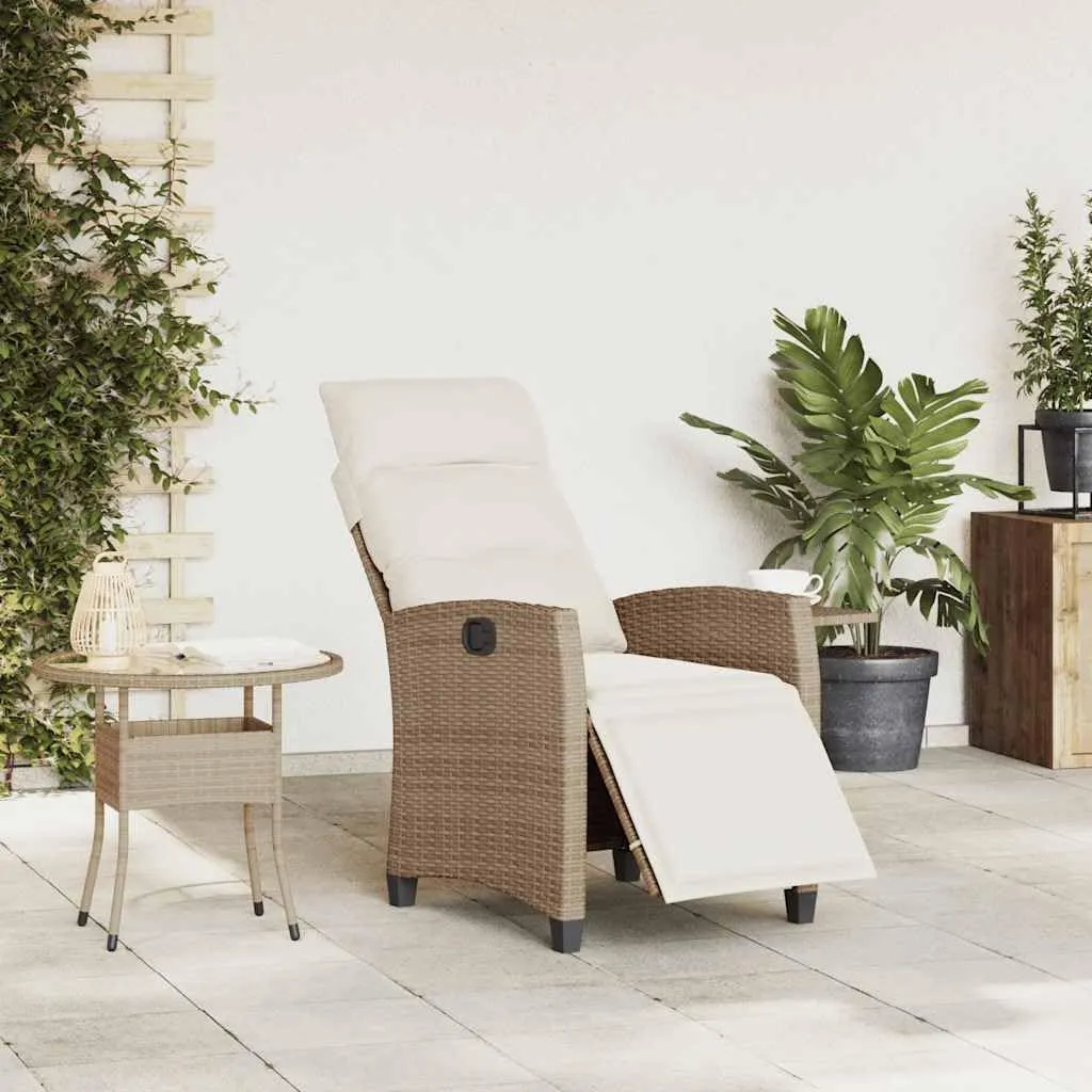 Reclining Patio Chair with Foldable Side Table Beige Poly Rattan Outdoor Lounge Furniture Adjustable Backrest & Footrest Cream Cushions for Poolside Backyard
