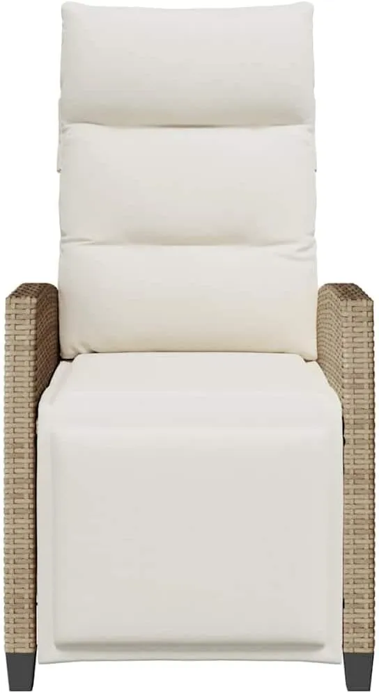 Reclining Patio Chair with Foldable Side Table Beige Poly Rattan Outdoor Lounge Furniture Adjustable Backrest & Footrest Cream Cushions for Poolside Backyard