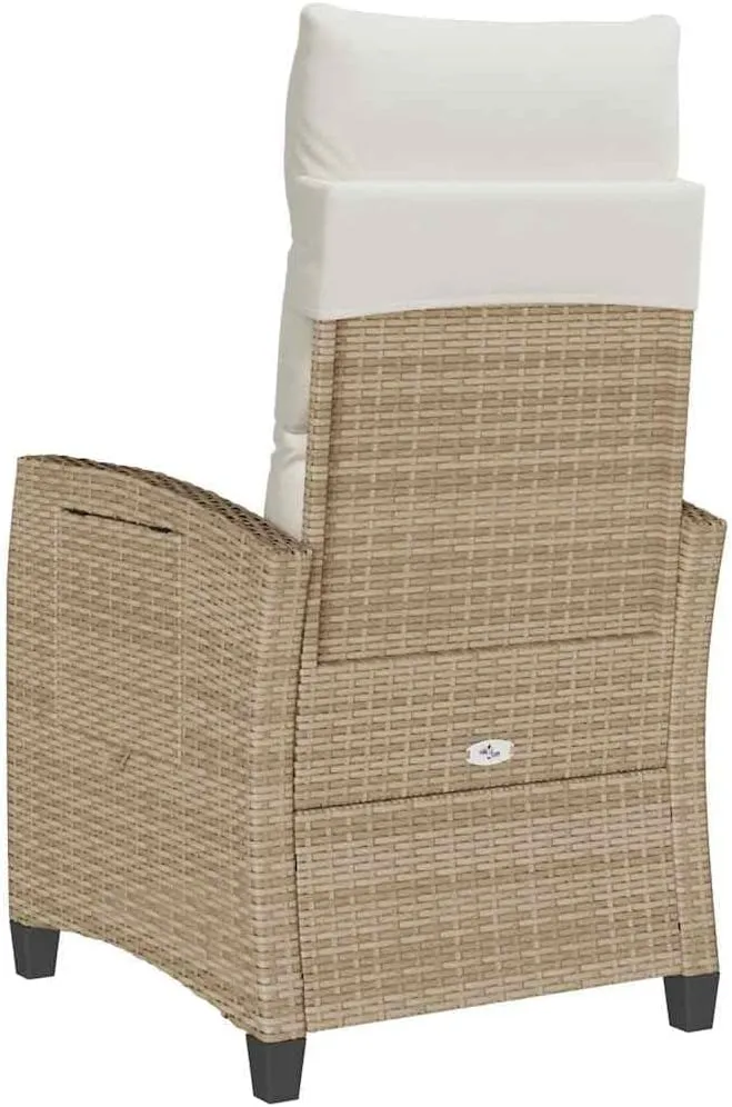 Reclining Patio Chair with Foldable Side Table Beige Poly Rattan Outdoor Lounge Furniture Adjustable Backrest & Footrest Cream Cushions for Poolside Backyard