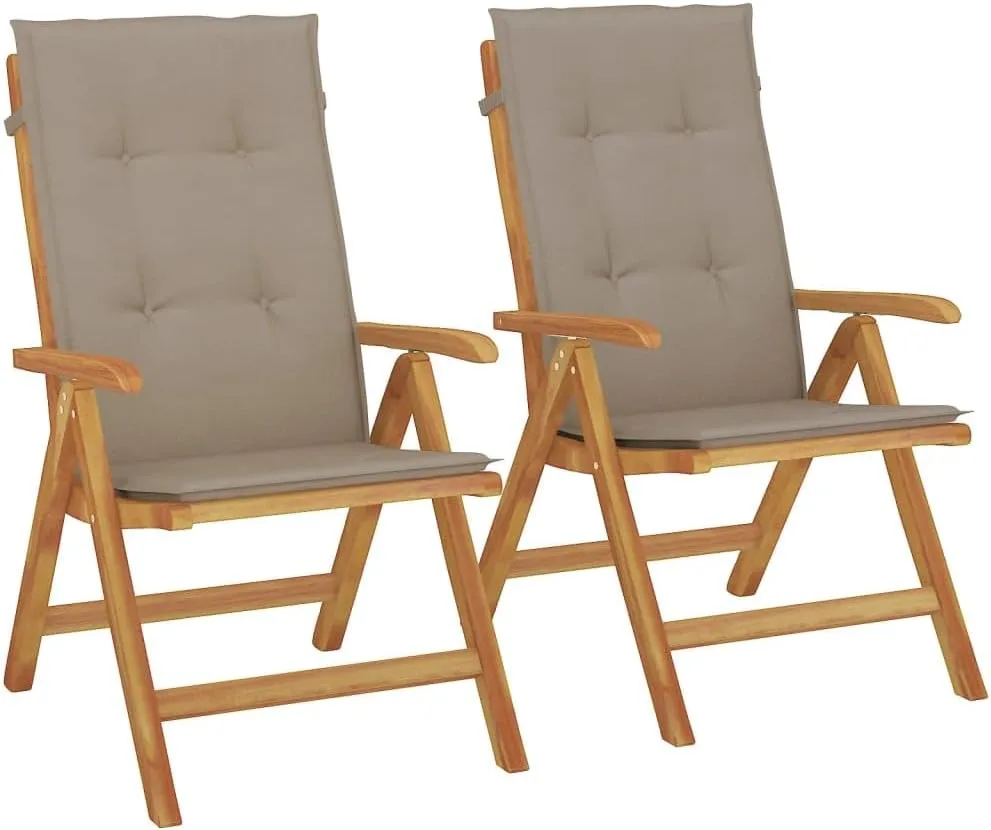 Reclining Patio Chairs with Cushions 2 pcs Solid Wood Teak Adjustable Backrest Foldable Lounge Chair Outdoor Furniture Taupe Cushions for Garden and Patio