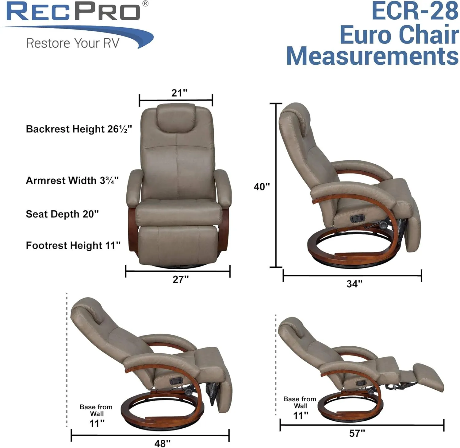 RecPro Charles 28" RV Euro Chair Recliner Modern Design RV Furniture (1, Toffee)