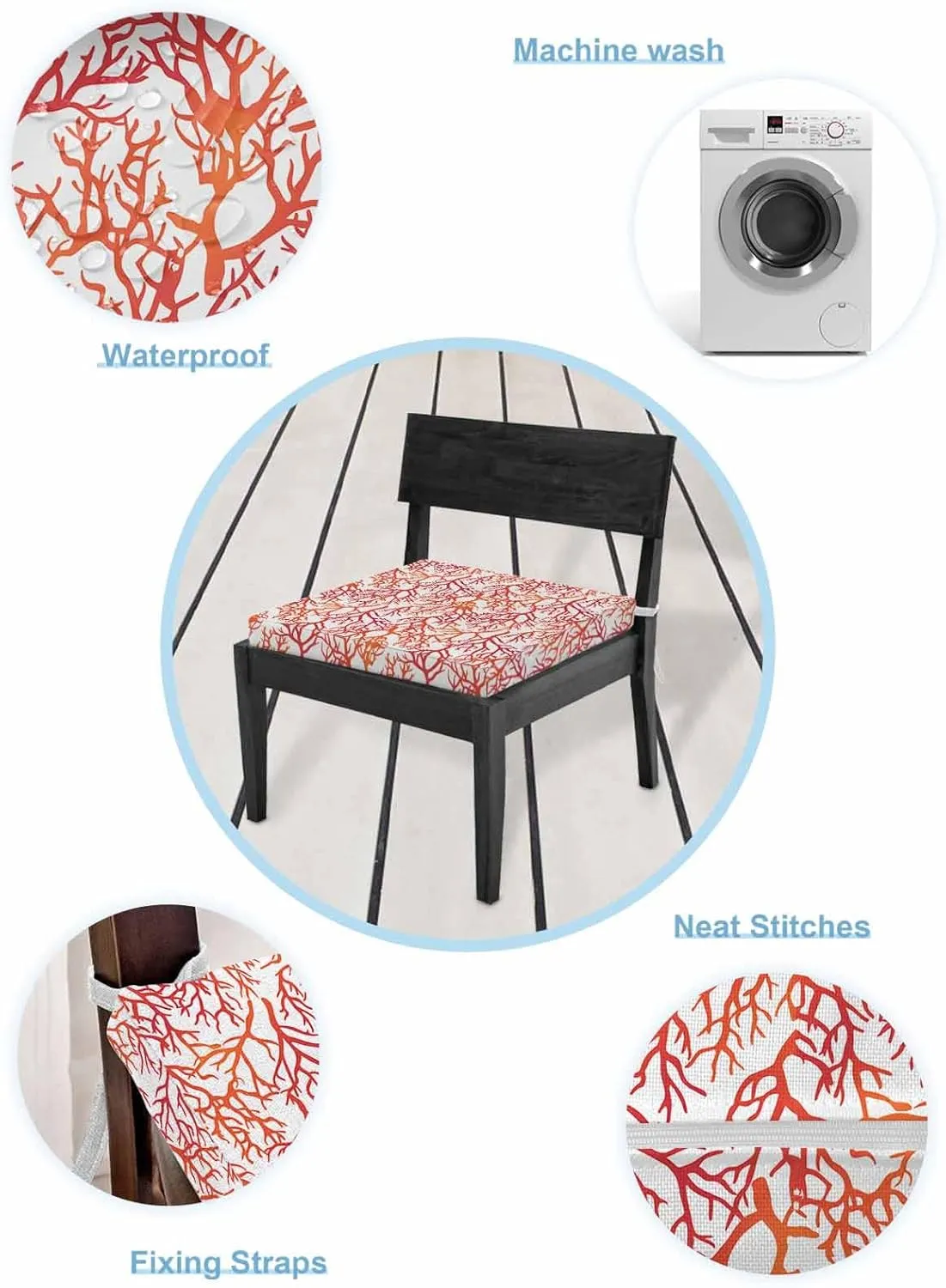 Red Coral Coastal Outdoor Cushion Chair Cover Set of 4 - Waterproof Couch Seat Covers, Summer Beach Nautical Ocean Patio Furniture Protector Cushions Slipcovers for Sofa/RV, 24"x24"x4"