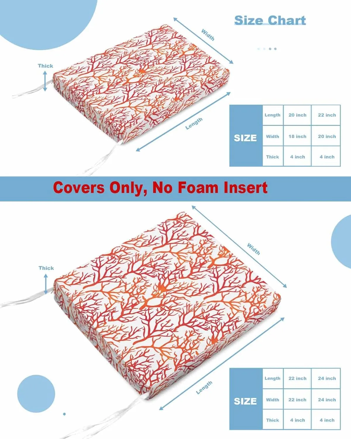 Red Coral Coastal Outdoor Cushion Chair Cover Set of 4 - Waterproof Couch Seat Covers, Summer Beach Nautical Ocean Patio Furniture Protector Cushions Slipcovers for Sofa/RV, 24"x24"x4"