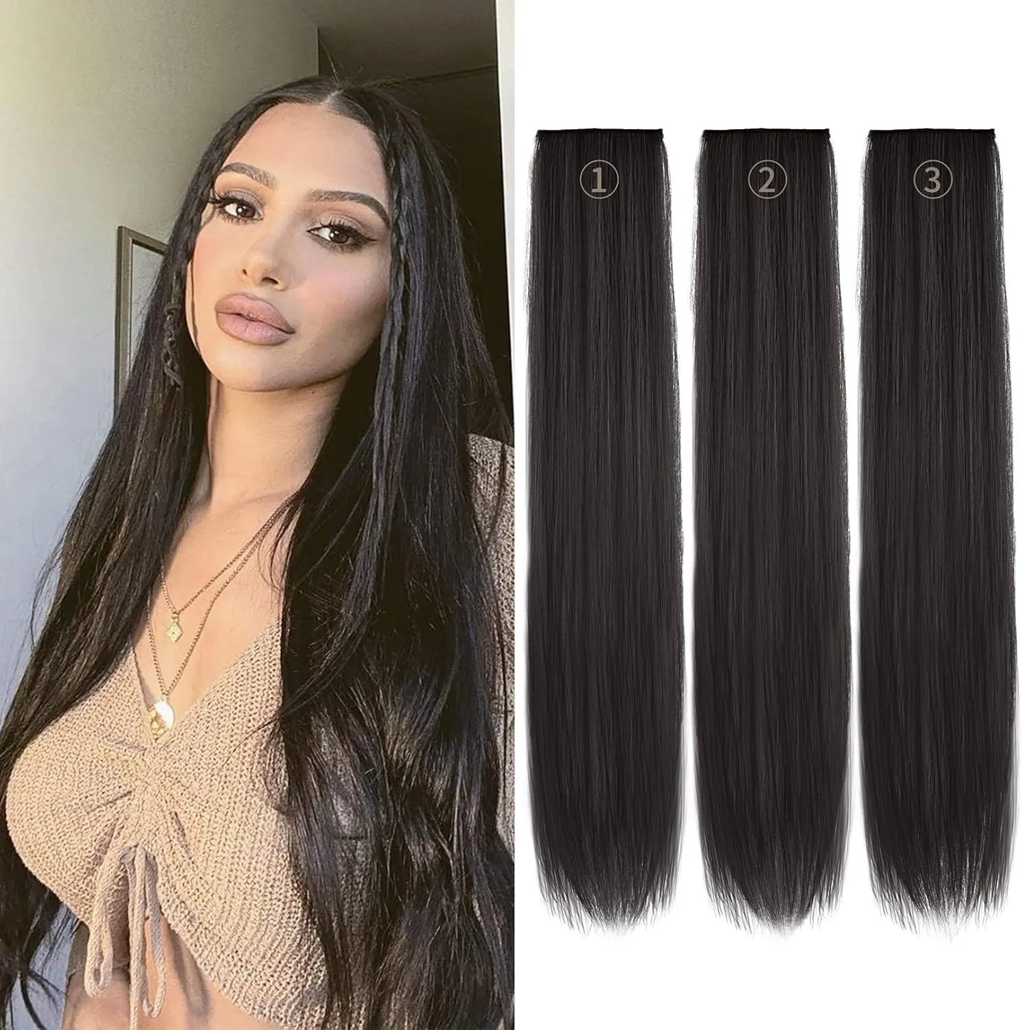 REECHO Thick Long Straight 3PCS Set Clip in on Hair Extensions for Women Girls (24 Inch (Pack of 3), Black Brown - Straight)