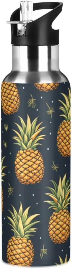 Repeating Pattern Pineapple Sport Water Bottle Insulated Stainless Steel Large Vacuum Flask Leak Proof Thermos with Straw for Travel(600ml/1000ml)