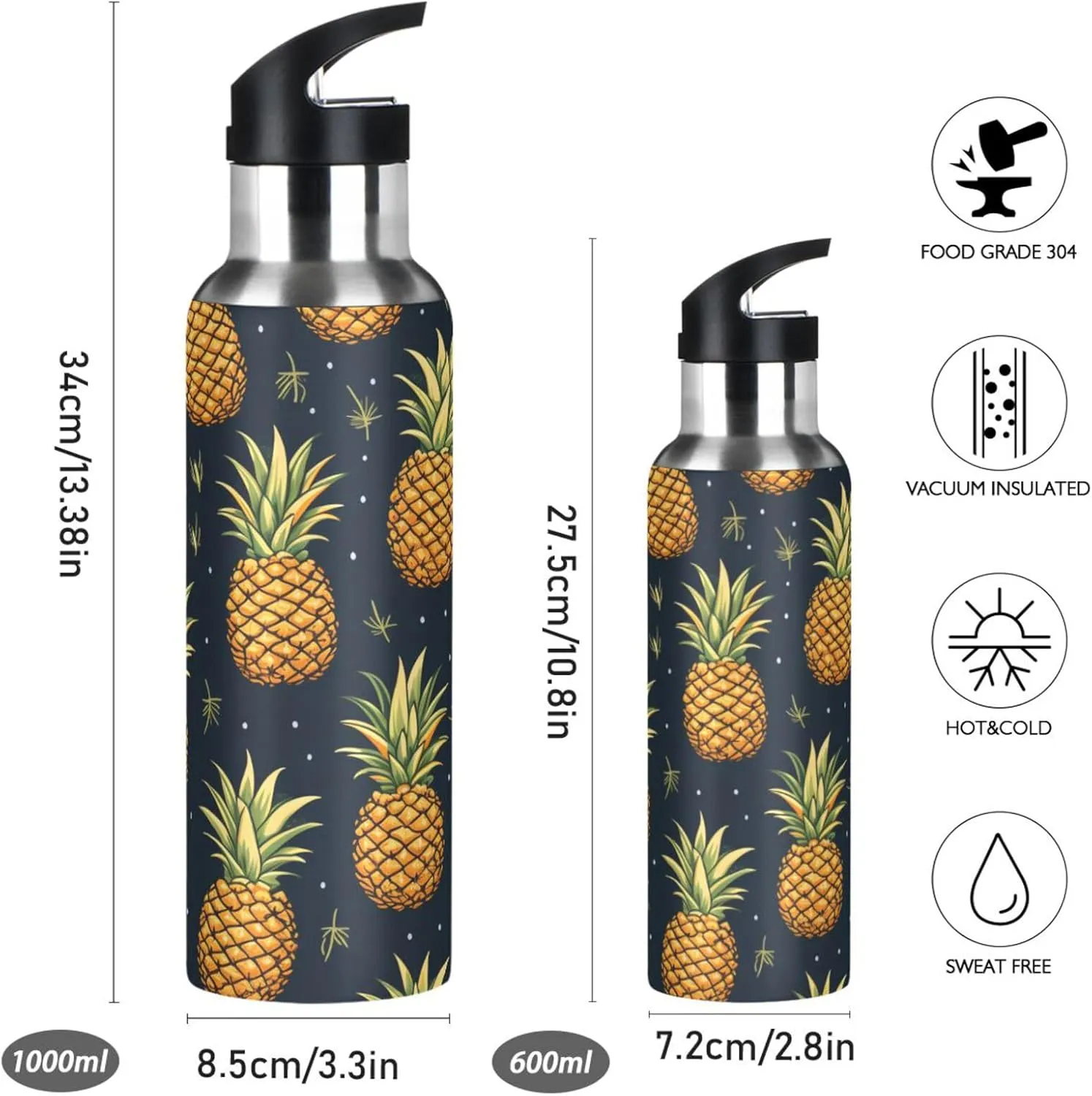 Repeating Pattern Pineapple Sport Water Bottle Insulated Stainless Steel Large Vacuum Flask Leak Proof Thermos with Straw for Travel(600ml/1000ml)