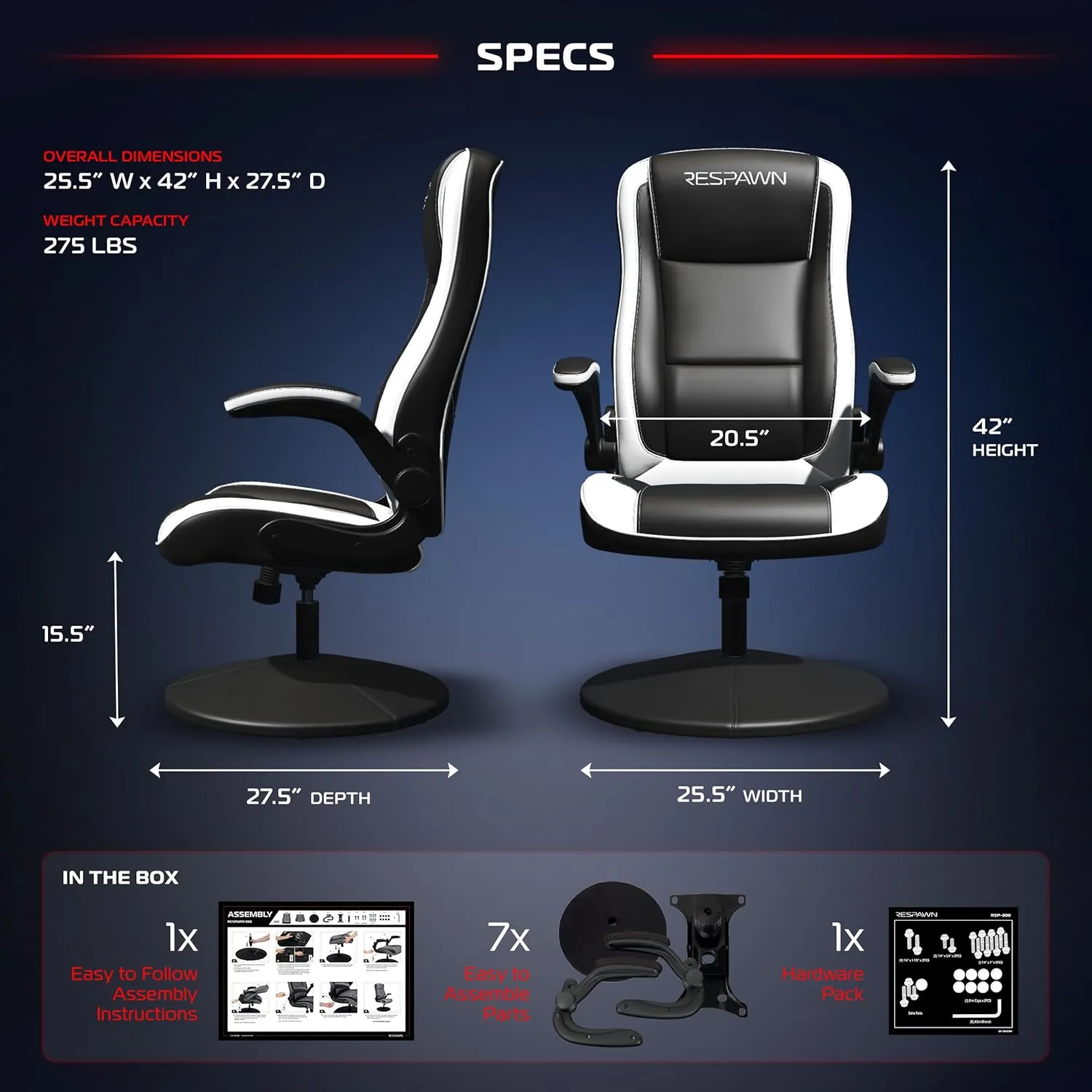 RESPAWN 800 Racing Style Gaming Rocker Chair, Rocking Gaming Chair, in White RSP 800 BLK WHT