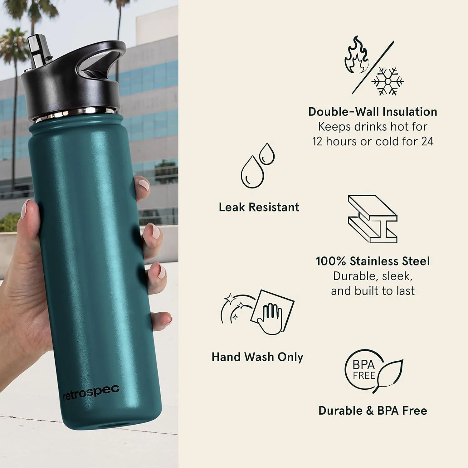 Retrospec Alder Insulated Water Bottle with Straw Lid & Handle Cap - Stainless Steel Wide Mouth Double-Wall Vacuum Insulated Thermos - BPA Free Leakproof Canteen