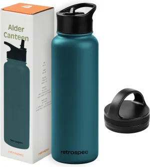 Retrospec Alder Insulated Water Bottle with Straw Lid & Handle Cap - Stainless Steel Wide Mouth Double-Wall Vacuum Insulated Thermos - BPA Free Leakproof Canteen