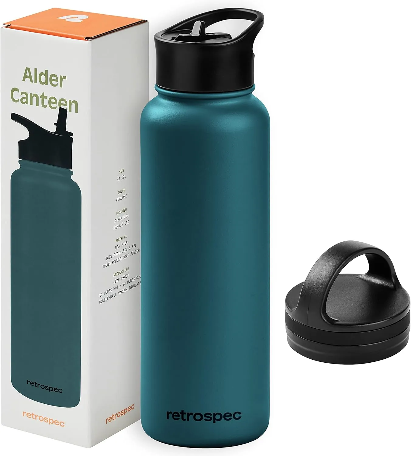 Retrospec Alder Insulated Water Bottle with Straw Lid & Handle Cap - Stainless Steel Wide Mouth Double-Wall Vacuum Insulated Thermos - BPA Free Leakproof Canteen