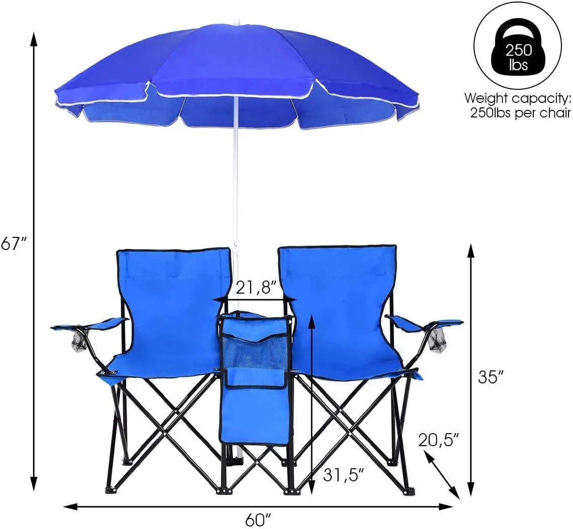ReunionG Double Portable Camping Chairs, Blue 60D x 20.5W x 35H Inch