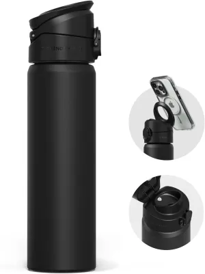 RHINOSHIELD AquaStand Magnetic Bottle 23 oz | Round Mouth Stainless Steel Insulated Water Bottle, Sport Bottle with MagSafe Compatible Handle, Tripod with Adjustable Angles, Leak Proof - Classic Black