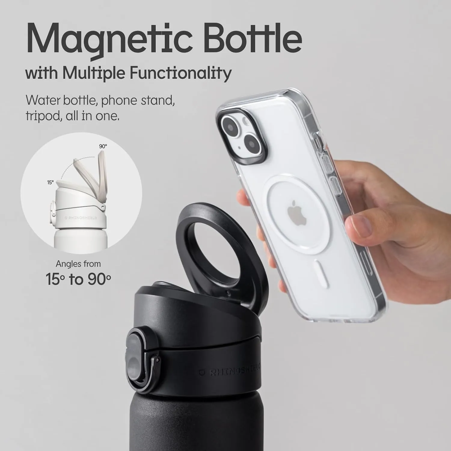 RHINOSHIELD AquaStand Magnetic Bottle 23 oz | Round Mouth Stainless Steel Insulated Water Bottle, Sport Bottle with MagSafe Compatible Handle, Tripod with Adjustable Angles, Leak Proof - Classic Black